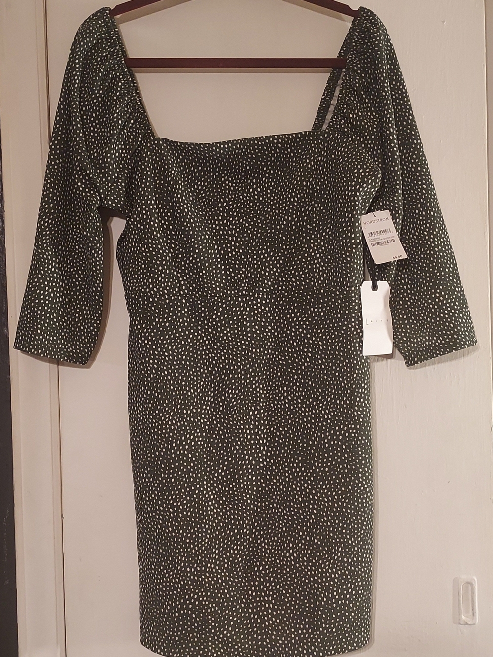 Nordstrom Olive Green Square-Neck Midi Dress with Puff Sleeves Large